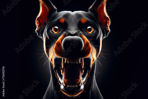 Angry doberman dog with huge eyes and open mouth isolated on black background. ai generative