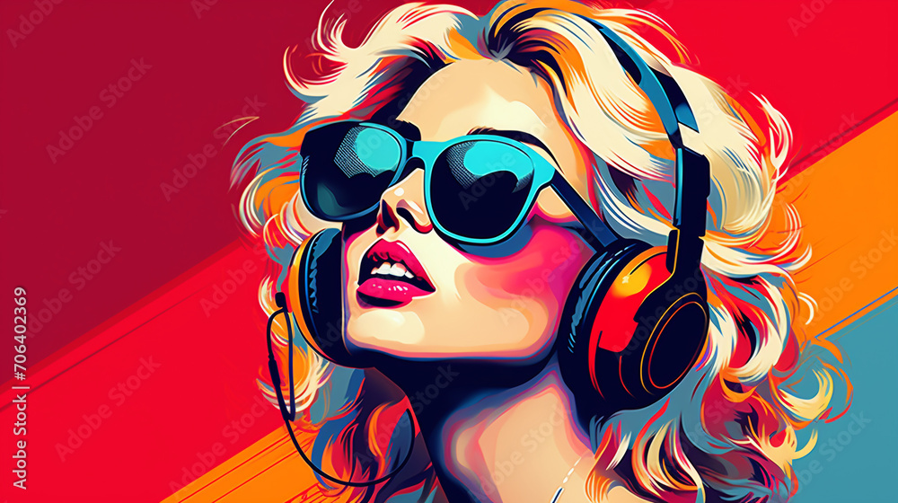 Colorful Retro Chic: Vibrant Background with a Young Woman in Pop Art Style Colorful Retro Chic: Vibrant Background with a Young Woman in Pop Art Style