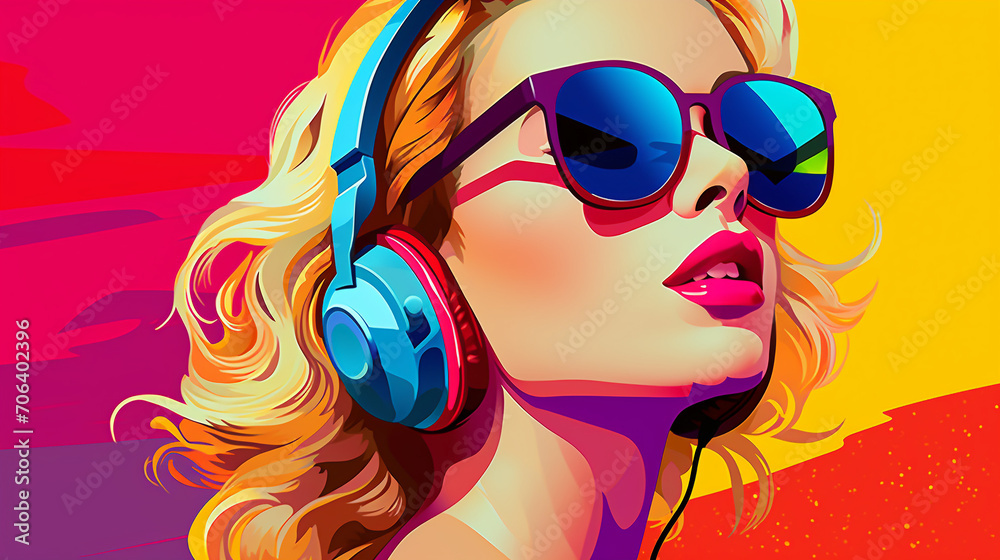 Pop Art Vibes: Pretty Blonde Woman in Retro Style with Headphones and Sunglasses Pop Art Vibes: Pretty Blonde Woman in Retro Style with Headphones and Sunglasses