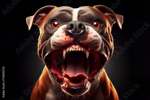 Angry pitbull dog with huge eyes and open mouth isolated on black background. ai generative photo