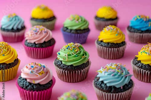 AI-generated illustration of a variety of colorful cupcakes arranged on a pink table