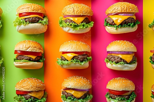 AI-generated illustration of an array of hamburgers with melted cheese on a colorful backdrop