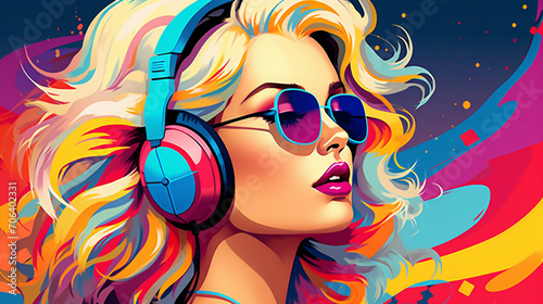 Groovy Tunes: Blonde Woman Wearing Headphones and Sunglasses in Pop Art Retro Fashion