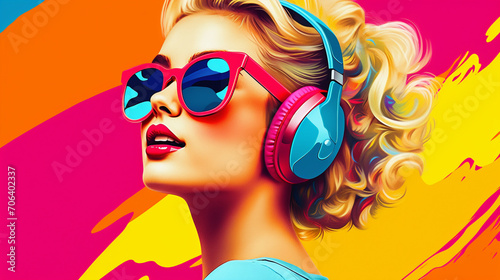 Groovy Tunes  Blonde Woman Wearing Headphones and Sunglasses in Pop Art Retro Fashion