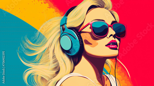 Pop Art Vibes: Pretty Blonde Woman in Retro Style with Headphones and Sunglasses