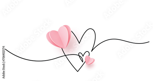 Two hearts in simple one line style and pink paper cut realistic