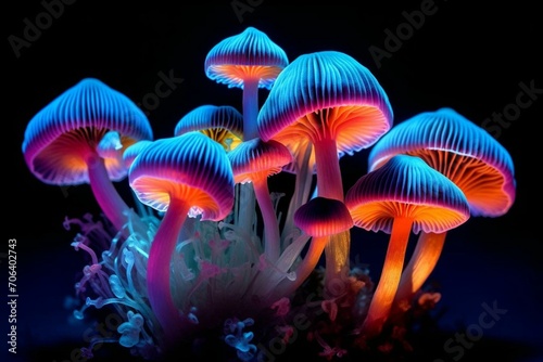 Colorful mushrooms on black background with neon glow effect. Mushrooms different colors and sizes. Generative AI © Frankie