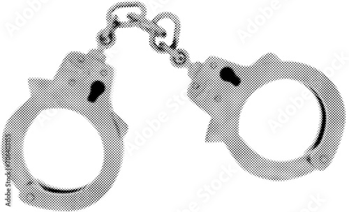 Handcuffs in halftone dots texture, isolated black and white vector design element