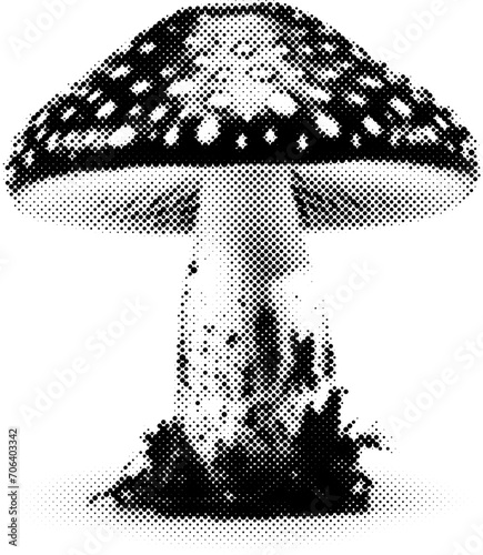 Mushroom in halftone dots texture, isolated black and white vector design element