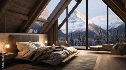 Mountain Retreat: Rustic Interior Design in a Modern Chalet Bedroom with Snowy Mountain View