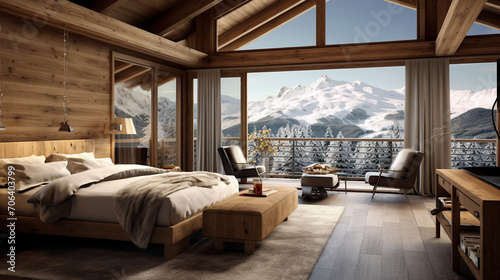 Mountain Retreat  Rustic Interior Design in a Modern Chalet Bedroom with Snowy Mountain View