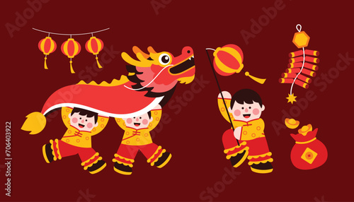 Dragon dance  chinese new year elements in modern minimalist geometric style. Colorful illustration in flat vector cartoon style. Cute chinese boy in dragon costume on red isolated background.