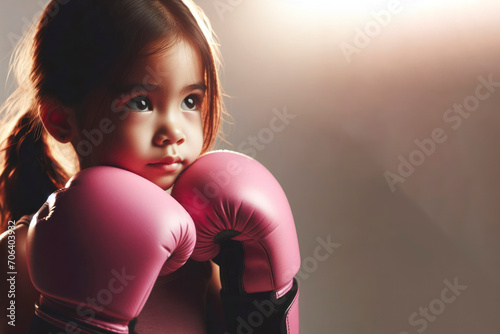 Small girl kid wearing pink boxing gloves Isolated on white background. ai generative