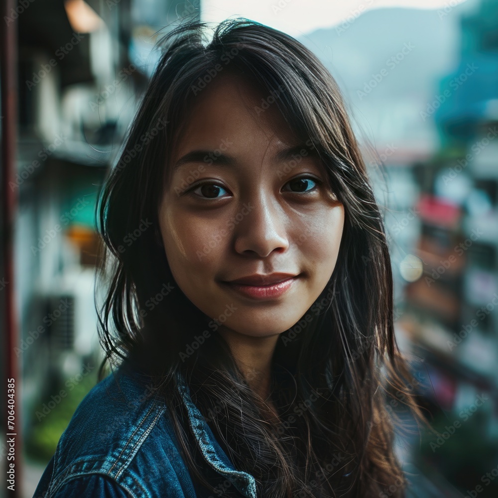 Cheerful Asian Girl with a Joyful Smile and Long Hair Looking at Camera, Blurred City Background, Close-Up Portrait Photography Cheerful Asian Girl with a Joyful Smile and Long Hair Looking at Camera, Blurred City Background, Close-Up Portrait Photography