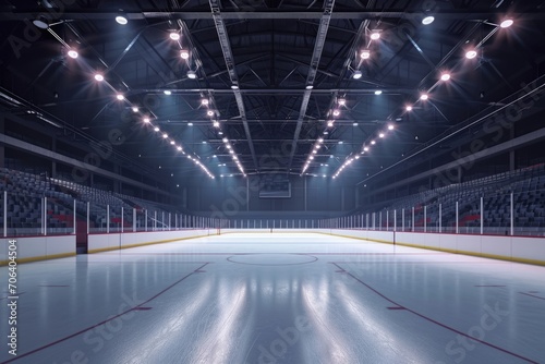 An empty hockey rink with lights illuminating the ice. Perfect for sports-related designs and concepts © Fotograf