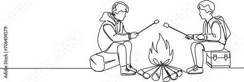 continuous single line drawing of two boys roasting marshmallows over campfire, line art vector illustration
