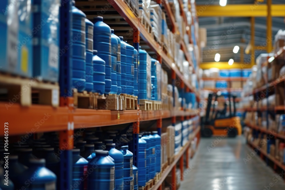 A large warehouse filled with lots of blue bottles. Perfect for showcasing a collection or for use in a manufacturing or storage concept
