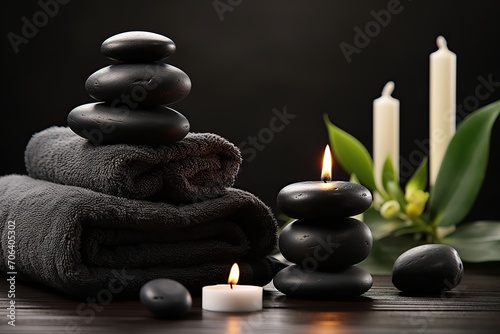 Spa stones with towels and candles on wooden background