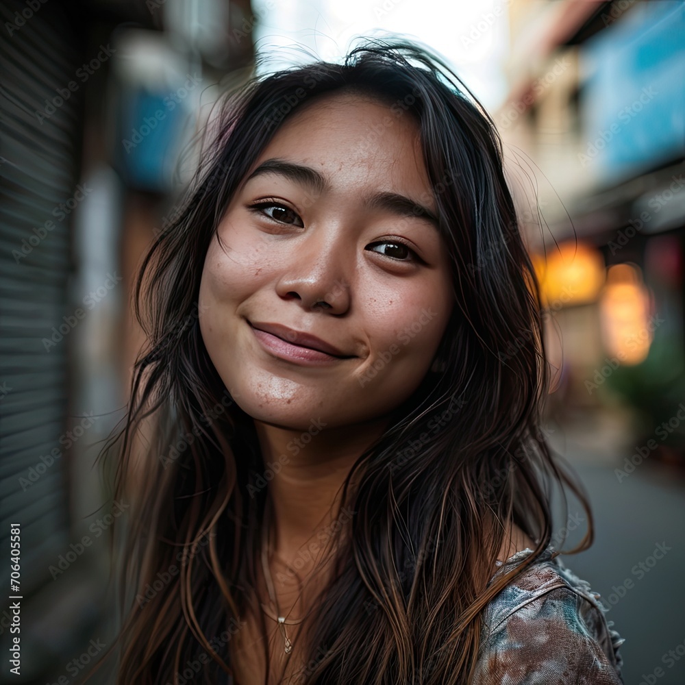 Obraz premium Cheerful Asian Girl with a Joyful Smile and Long Hair Looking at Camera, Blurred City Background, Close-Up Portrait Photography