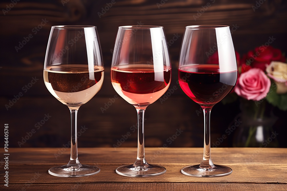 Different wine in glasses on wooden background