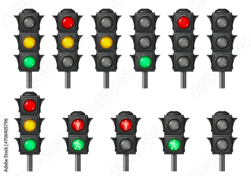 Traffic light with three signals color. Vector isolated semaphore road regulation for drivers. Realistic stoplight signaling devices for road intersections, pedestrian crossings, city street