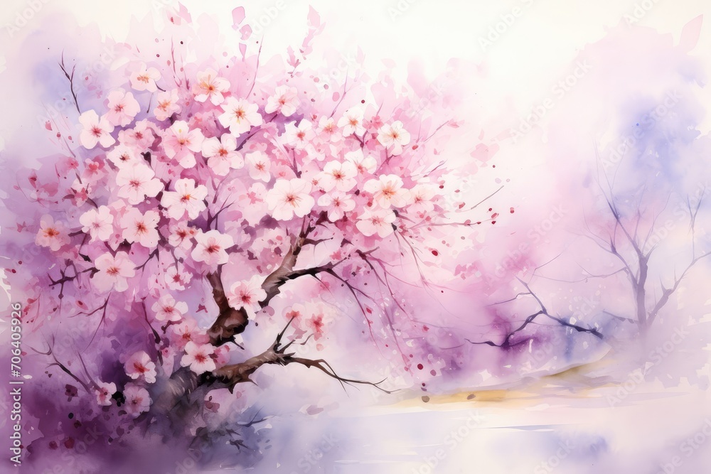 Obraz premium Sakura, peaches and cherries in pink-coral watercolor. Japan in spring, delicate pink landscape, spring nature
