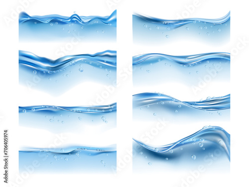 Water splashes and drops on surface with bubbles of air. Vector isolated realistic liquid with droplets, wave and motion against glass. Fluid in container side view, beverage or pure aqua