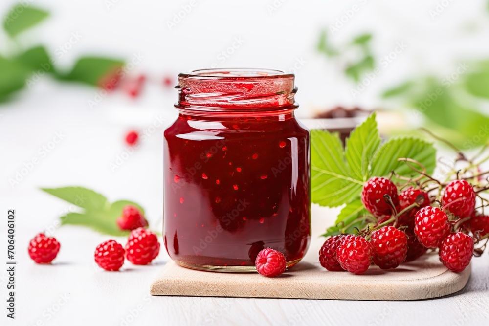 Raspberry jam and berries on wooden table Raspberry jam and berries on wooden table