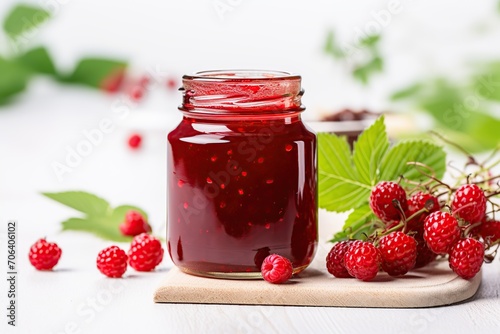 Raspberry jam and berries on wooden table