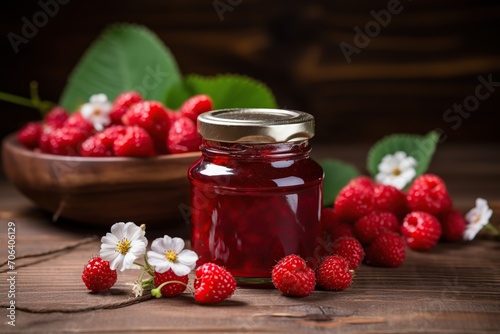Raspberry jam and berries on wooden table