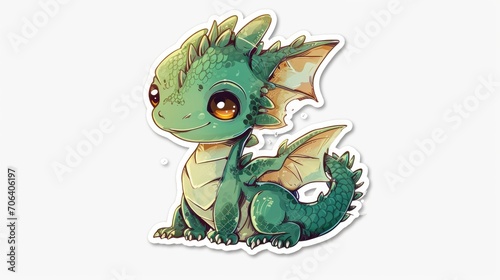 Cute cartoon green dragon sticker on white background