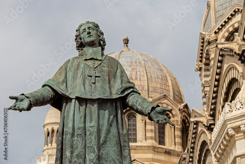 The statue of Mgr. Bishop Monseigneur de Belsunce in front of the La Major cathedral in Marseilles, France 