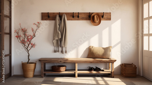 Modern Farmhouse Charm: Entrance Hall with Rustic Bench and Coat Rack photo