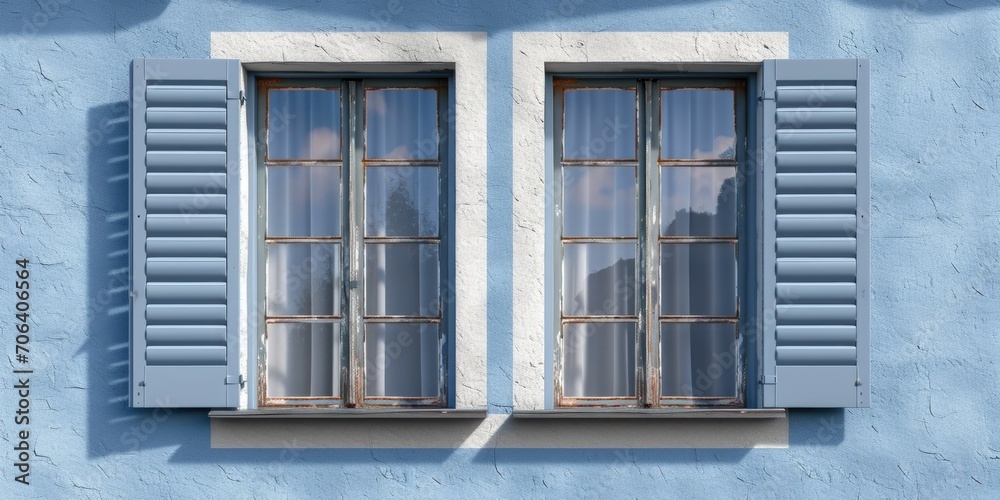 A window with blue shutters on a blue wall. This image can be used to depict architectural elements or to add a pop of color to design projects