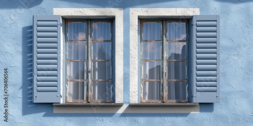 A window with blue shutters on a blue wall. This image can be used to depict architectural elements or to add a pop of color to design projects © Fotograf