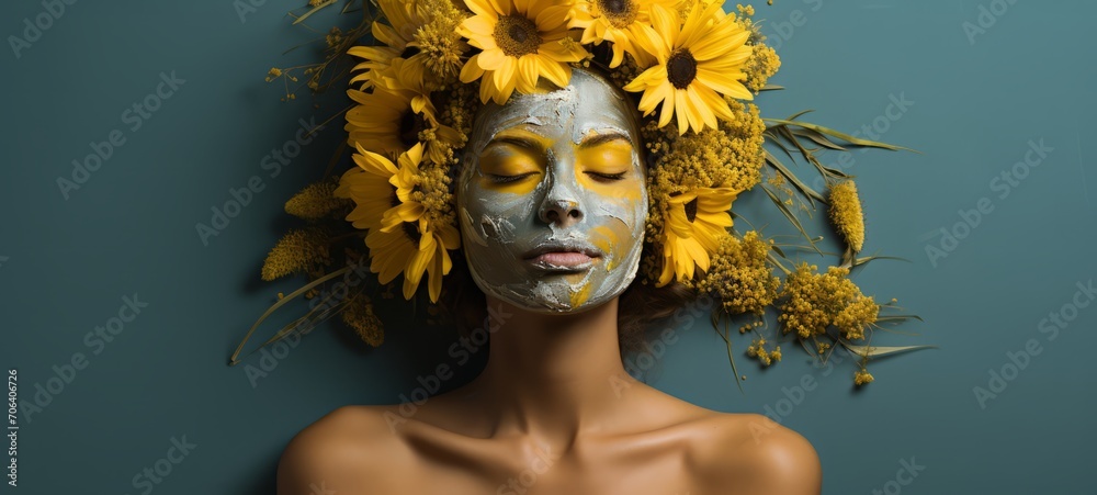 Сonnection between herbs, Arnica, flowers and skincare, hair. Horizontal photo Natural Arnica face mask for woman. For banners, posters, advertising. Сonnection between herbs, Arnica, flowers and skincare, hair. Horizontal photo Natural Arnica face mask for woman. For banners, posters, advertising.