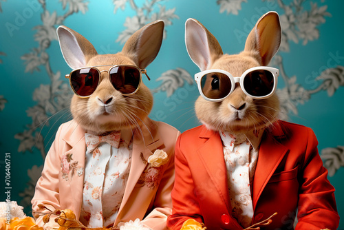 Stylish portrait of Humor couple of funny hares in suits and glasses. Funny pop art. The concept of a joke of fashion and style.