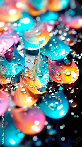 large multi-colored water drops on a glass surface. abstract background.