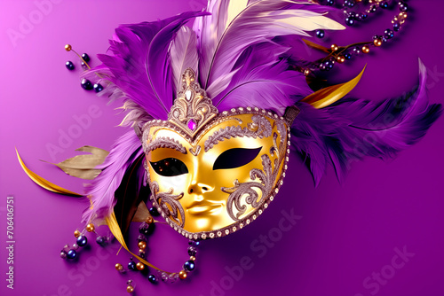 Venetia mask with feathers on a purple background. mardi gras background. Venetian carnival mardi gras party. Masquerade Concept.