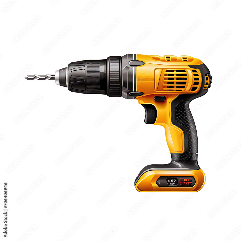 Cordless drill with twist bit isolated on transparent background