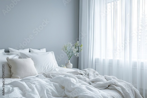 white bedroom with bed and pillows