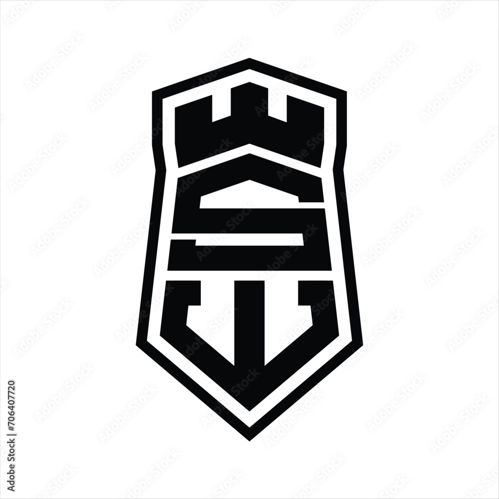 SW Letter Logo monogram hexagon shield shape up and down with crown castle isolated style design SW Letter Logo monogram hexagon shield shape up and down with crown castle isolated style design