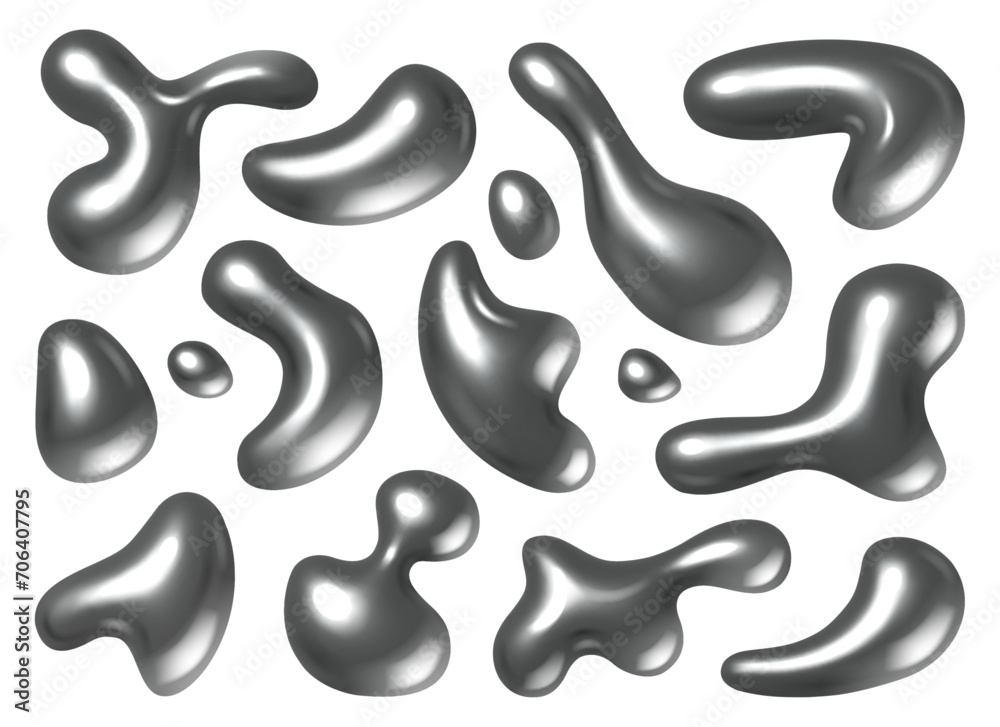 Liquid of chrome texture, isolated metal droplets of shapeless form. Vector realistic glossy bubbles or blots, platinum fluid with reflective surface. Splash and dripping volumetric flux Liquid of chrome texture, isolated metal droplets of shapeless form. Vector realistic glossy bubbles or blots, platinum fluid with reflective surface. Splash and dripping volumetric flux