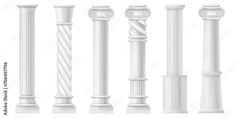 Realistic antique ionic columns, greek or roman culture. Vector isolated marble antique architecture elements of facade of building or temple, exterior and interior design. Vertical flutings - obrazy, fototapety, plakaty 