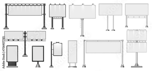 Signboard with lights for advertising and promotion. Vector isolated set of billboards on poles, stand for commercial or announcement display, screen with illumination for city, exhibition placard