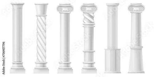 Realistic antique ionic columns, greek or roman culture. Vector isolated marble antique architecture elements of facade of building or temple, exterior and interior design. Vertical flutings photo