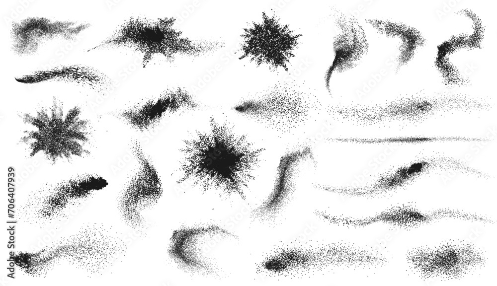 Grainy effect shapes and splashes of sugar or salt, powder or sand. Vector isolated traces on surface, dots particles and grungy spray design of urban graffiti or street art style paints