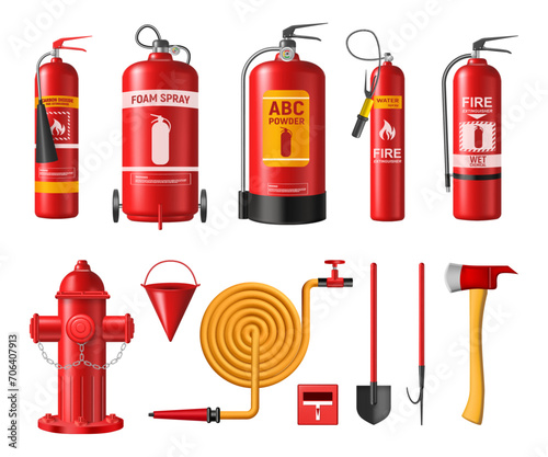 Firefighter realistic equipment for urgency and work, putting out fire. Vector isolated extinguisher tank with foam spray, water hydrant and bucket, shovel and hook, ax for rescuing people