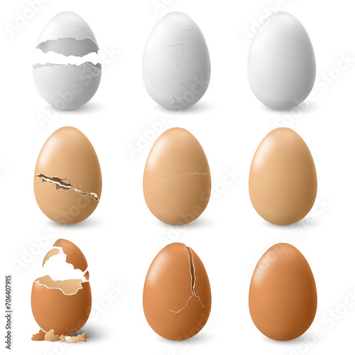 Realistic broken chicken egg, isolated cracked shell pieces of fragile product. Vector damaged or split cooking ingredient empty inside. Culinary natural open and whole hatching eggs stage photo