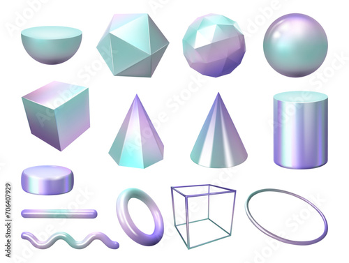 Holographic gradient shapes in 3d, geometric figures with colorful facets. Vector isolated geometry figures with polygons, cube and sphere, semicircle and cone, pyramid and wavy line design